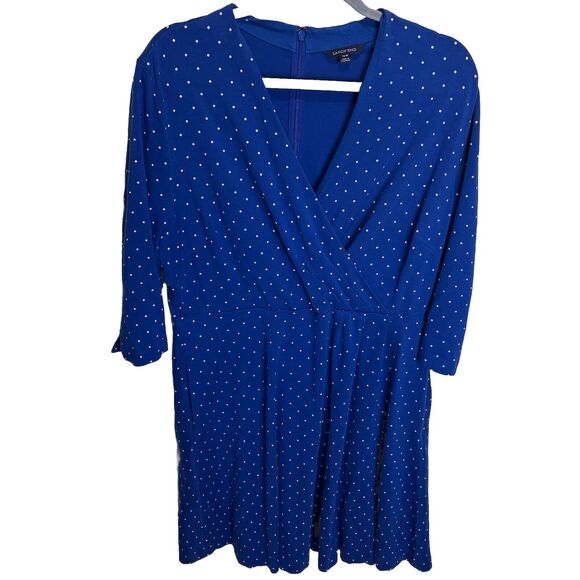 Lands End Dress Plus Size 18W Blue Polka Dot Midi Faux Wrap Stretch 3/4 Sleeve - Picture 1 of 6